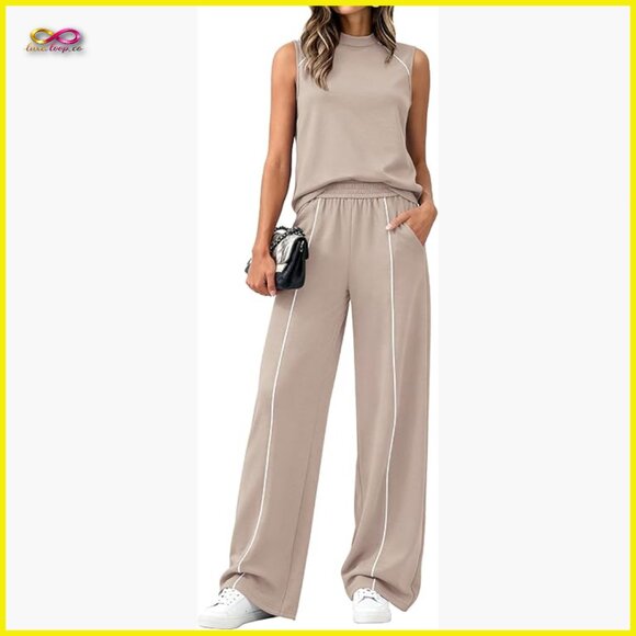 Mock Neck Sleeveless Top Wide Leg Pant Set Lounge Wear Travel Outfit